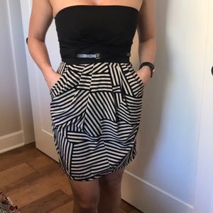 Black and cream strapless dress with pockets